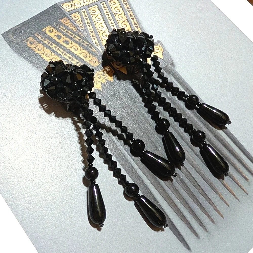 VTG French Jet Shoulder Brusher Earrings 3.5" !!! - Picture 3 of 7